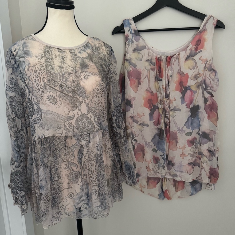 2 Silk Sheer Floral Tops Made in Italy Pink Watercolor Tank + 3/4 Sleeve Blouse